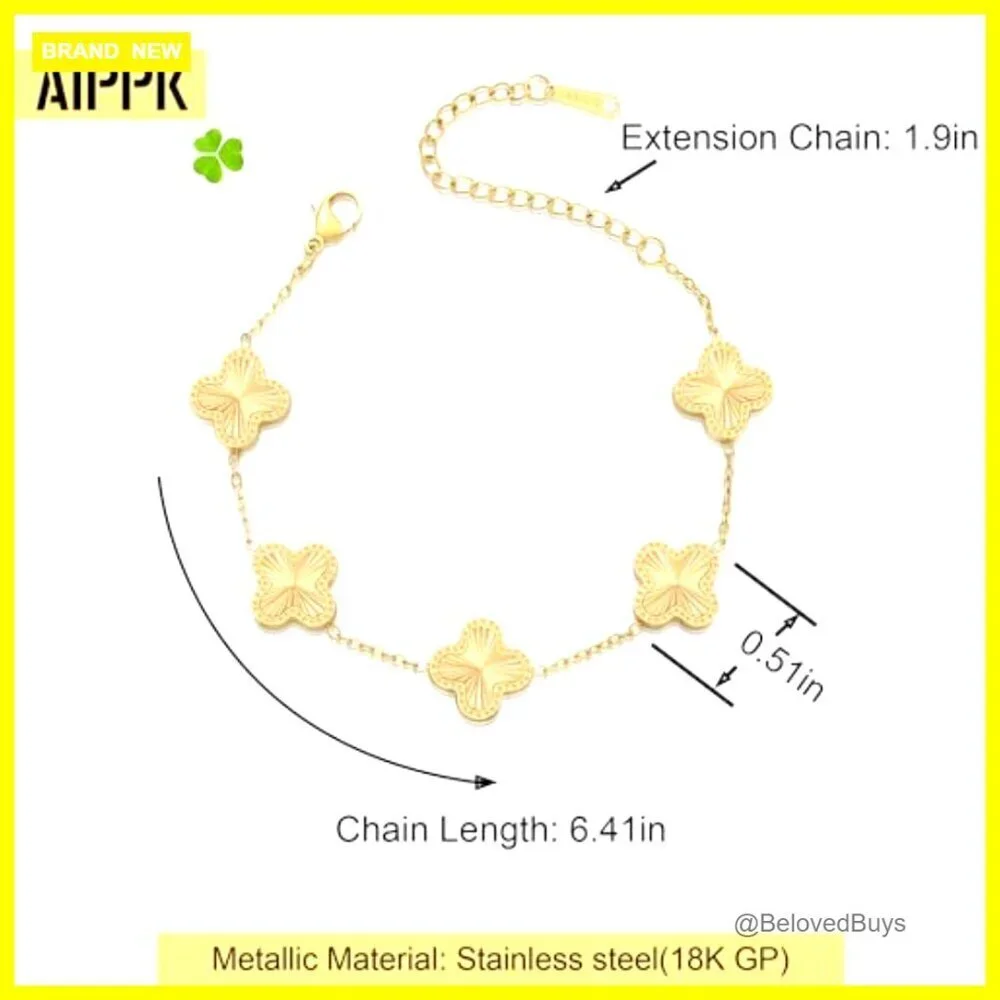 18K Gold Plated Clover Bracelet Adjustable Lucky Charm Stainless Steel